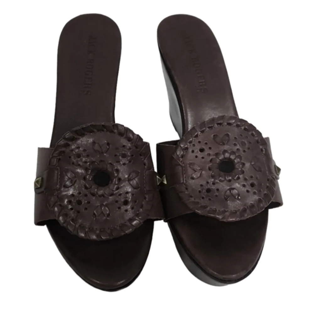 Jack Roger Brown Leather Wood Wedge‎ Sandals Size 9M